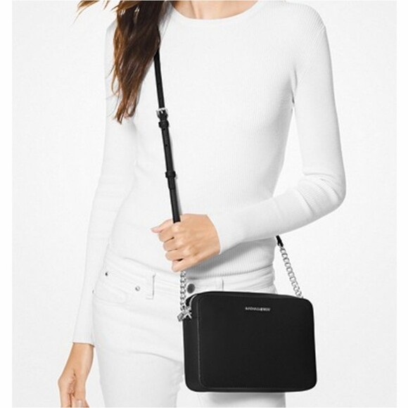 Michael Kors Jet Set Saffiano Leather Crossbody Silver Chain Hardware Gift Box